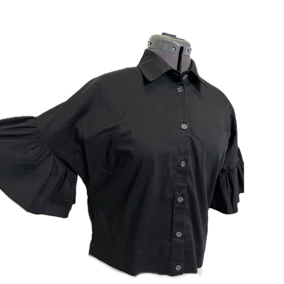 D. Exterior Made in Italy Black Ruffle Belted Poplin Top, Size Small - Picture 4 of 13